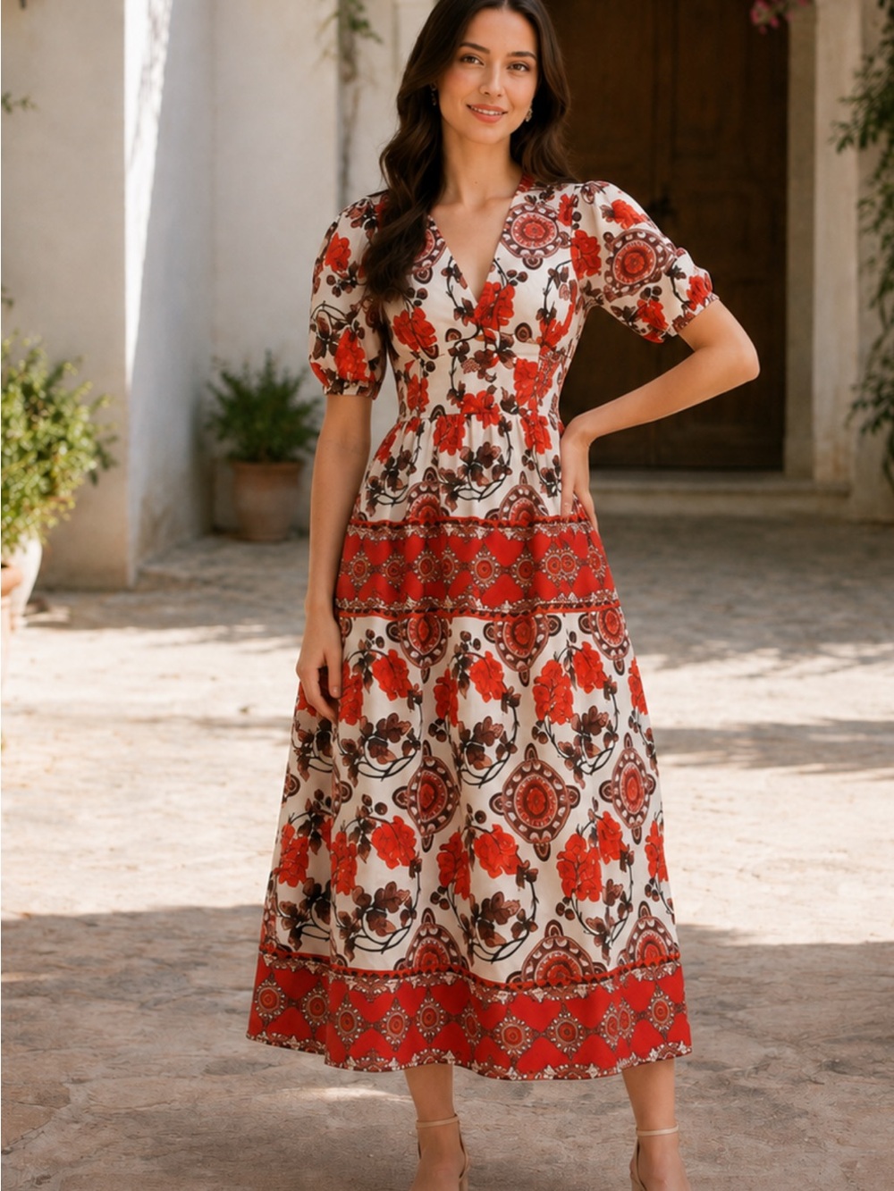 BEYOND BY VERA size large cotton bianca dress in atlas crimson boho prairie